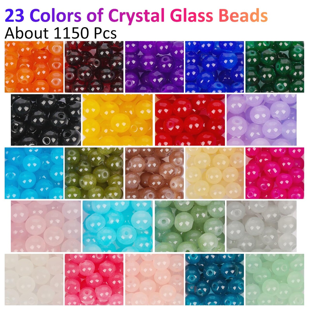 1150 Pieces 8mm Round Glass Beads for Jewelry Making, 23 Colors Crystal Beads for Bracelets Jewelry Making and DIY Crafts